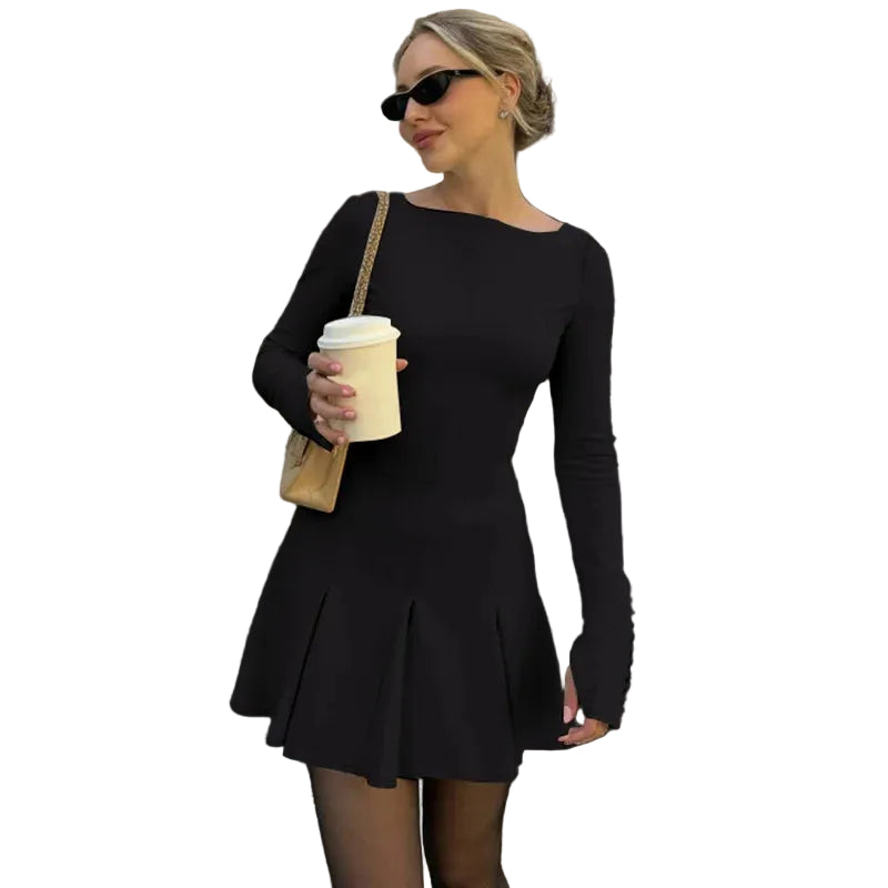 black long sleeve mini skater dress Crew Neck – Fayviora Bell sleeve Duration:4 Days desktop Vivid Eden Women's Solid this dress features a