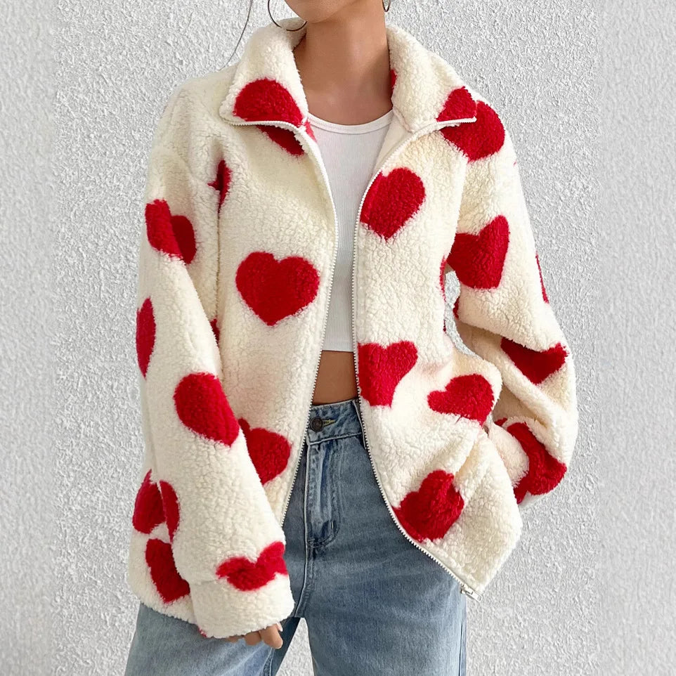 Women's Heart Print Zip Up Jacket – Long Sleeve Collared Casual