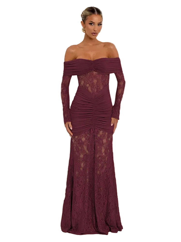 Off Shoulder Bodycon Maxi Dress With Sheer Skirt – Fayviora