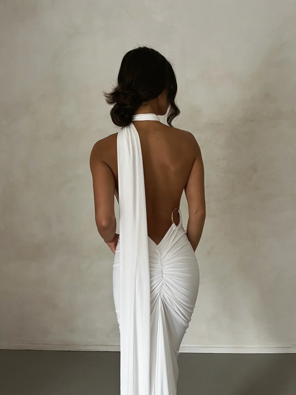 Women's Open Back Halter Column Maxi Dress with Train