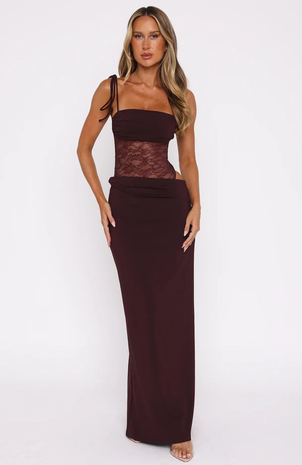 Women's Strappy Lace Maxi Dress with Fitted Column Skirt
