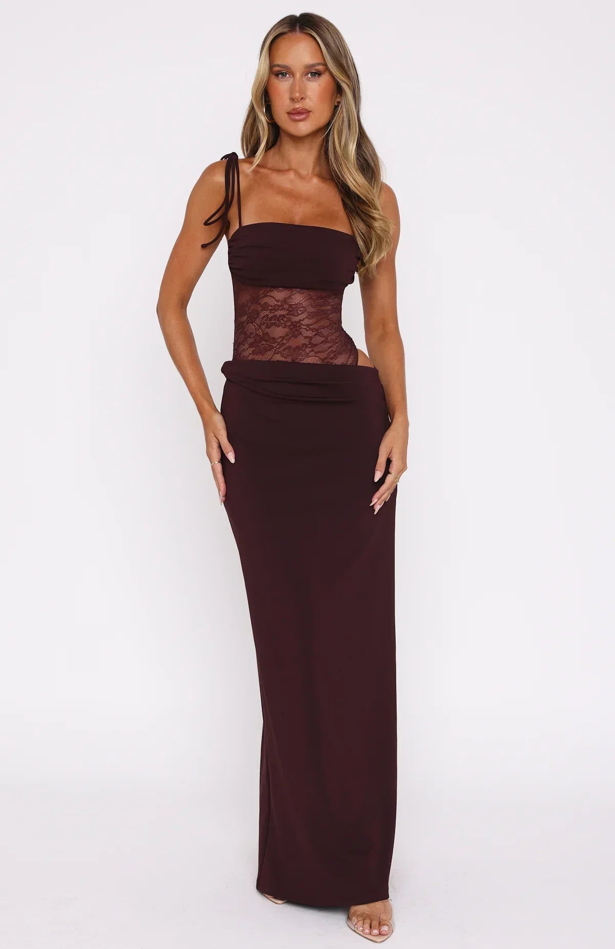 Women's Strappy Lace Maxi Dress with Fitted Column Skirt