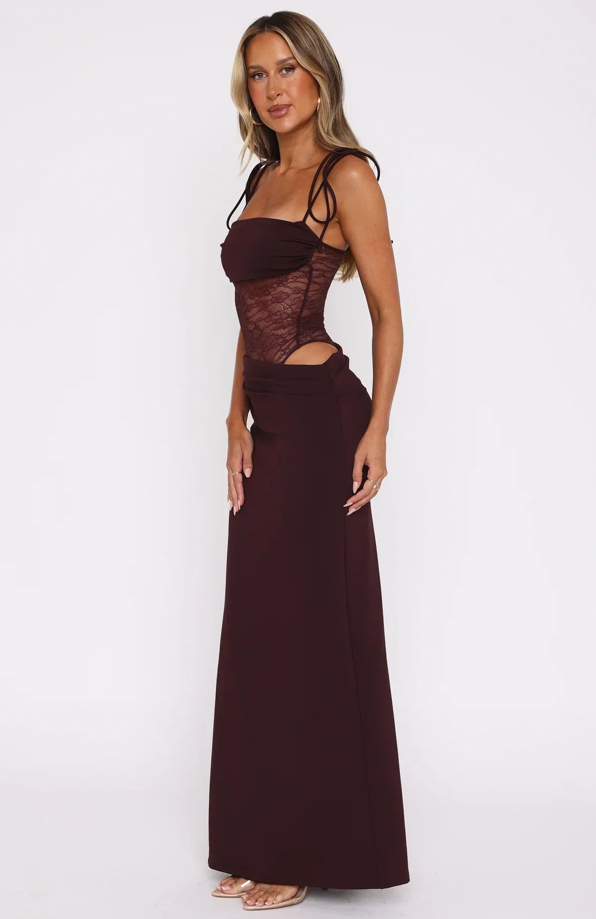 Women's Strappy Lace Maxi Dress with Fitted Column Skirt
