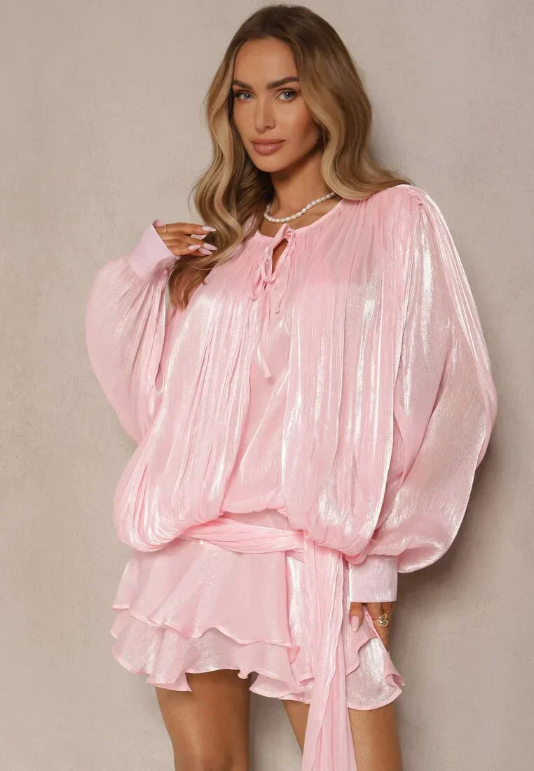Asymmetric Neck Ruffle Mini Dress With Tie
