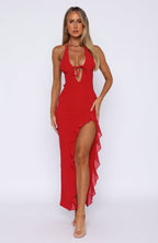 Women's Deep V Halter Neck Maxi Dress with Ruffle Hem