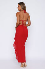 Women's Deep V Halter Neck Maxi Dress with Ruffle Hem