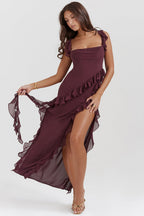 Women's Sleeveless Ruffle Maxi Dress with Side Split Detail