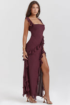 Women's Sleeveless Ruffle Maxi Dress with Side Split Detail