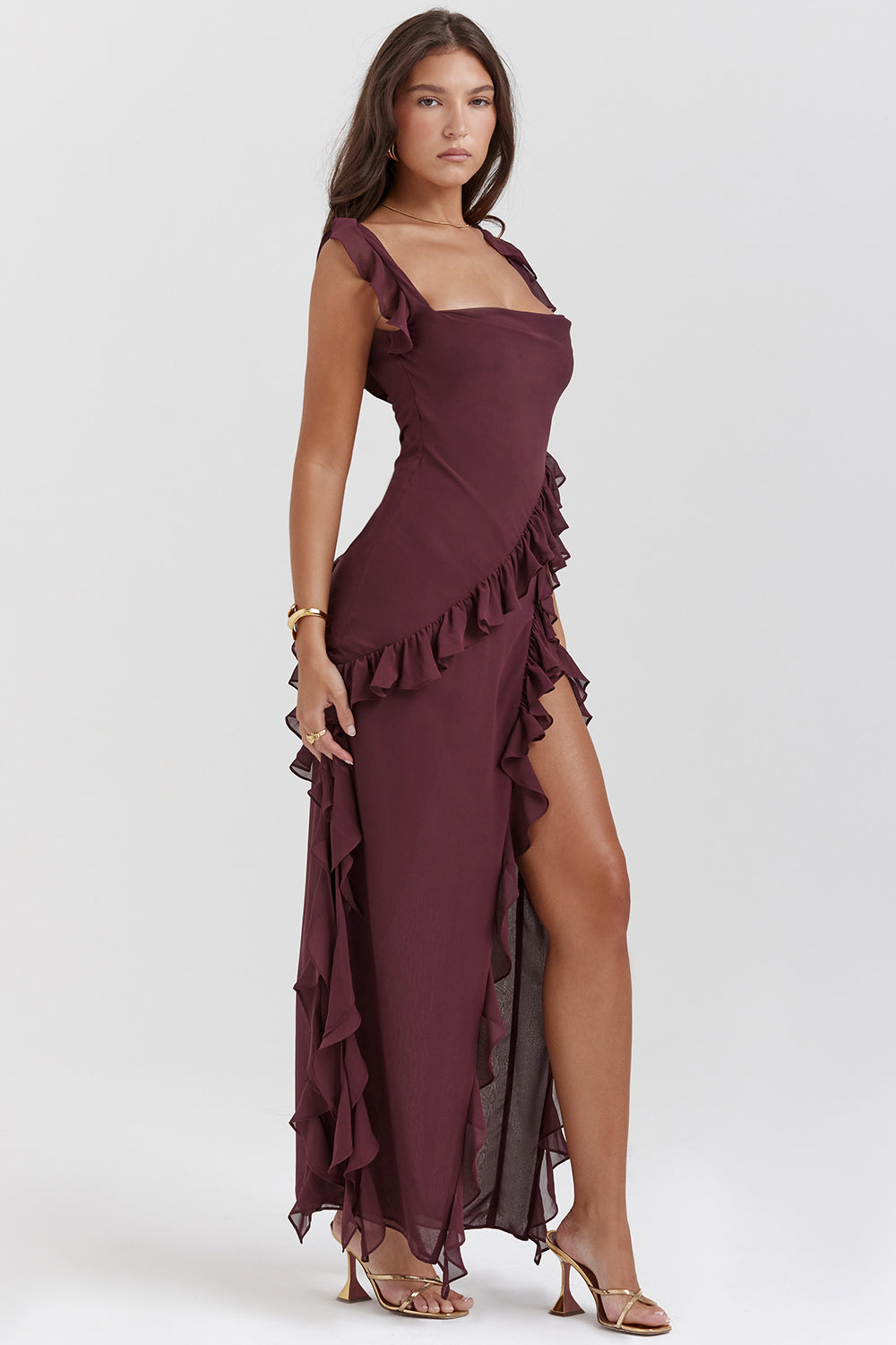 Women's Sleeveless Ruffle Maxi Dress with Side Split Detail