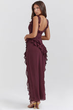 Women's Sleeveless Ruffle Maxi Dress with Side Split Detail