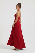 Women's Strapless Maxi Dress with High Split and Draped Panel