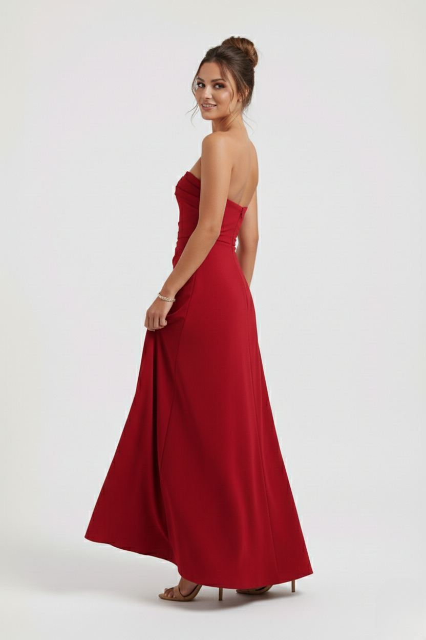 Women's Strapless Maxi Dress with High Split and Draped Panel
