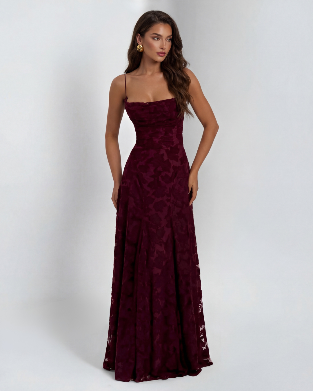 Women's Long Floral Dress with Straight Neckline and Wide Hem