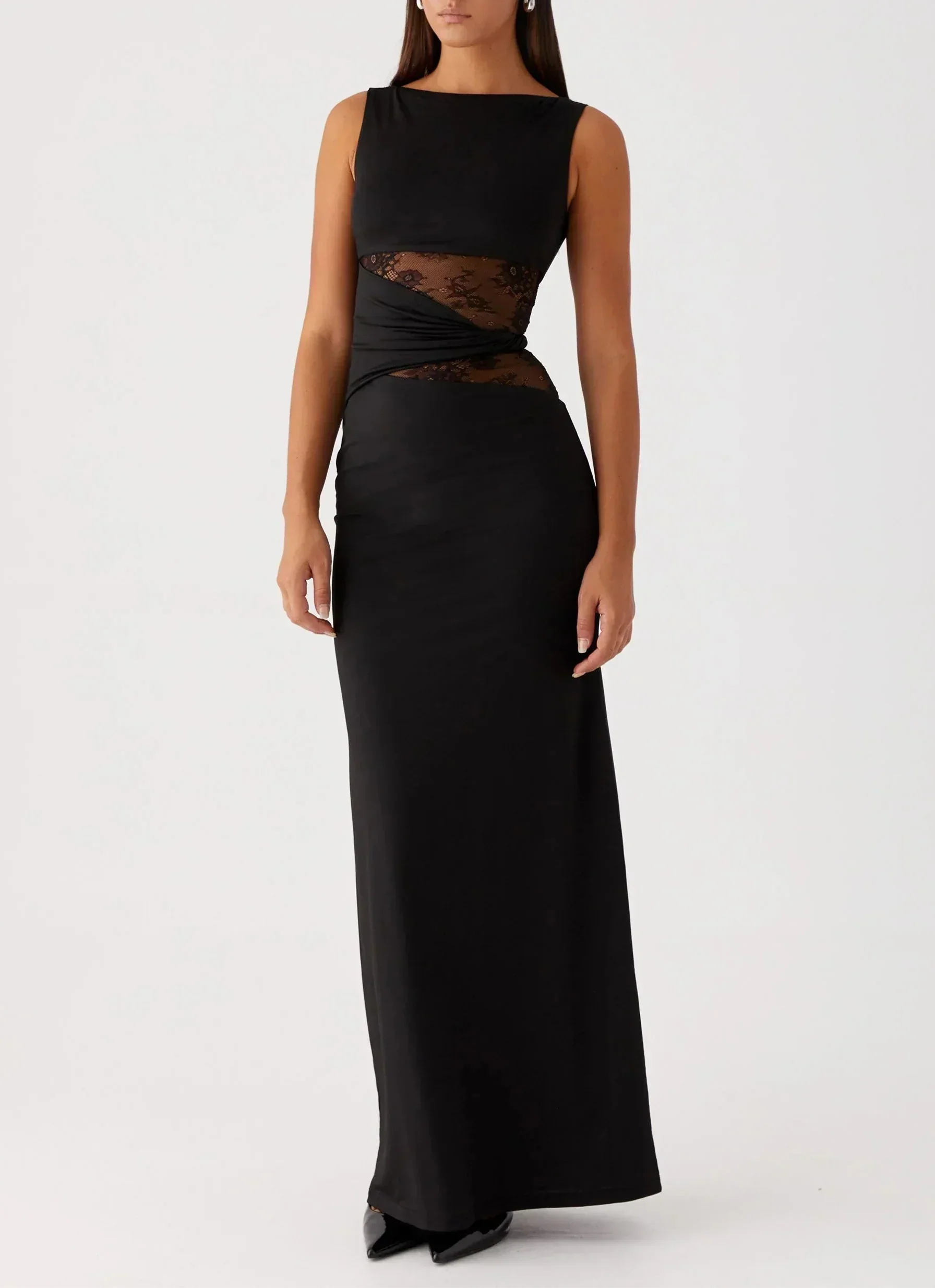 Women's Sleeveless Mesh Cutout Maxi Dress with Fitted Silhouette