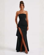 Women's Strapless Maxi Dress with High Split and Draped Panel