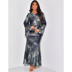 Women's Tie Dye Satin Maxi Dress with Long Sleeves