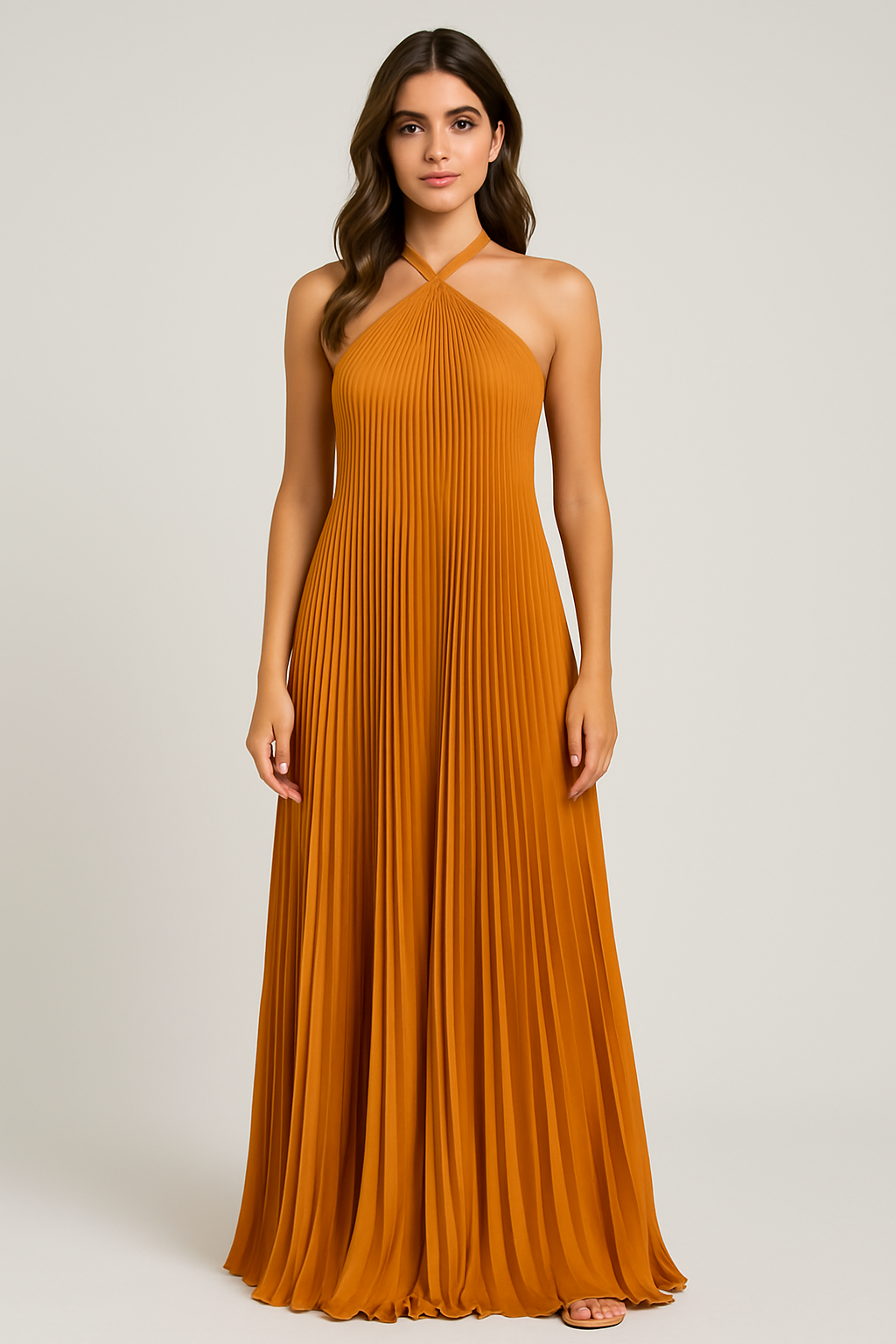 Women's Pleated Halter Maxi Dress with Sleeveless A Line Fit