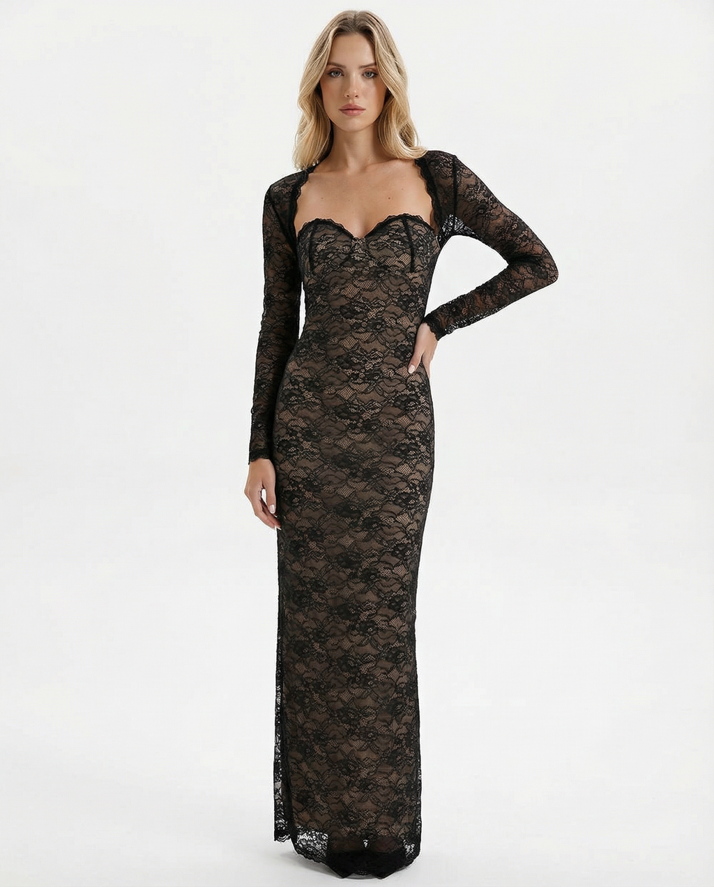 Women's Long Sleeve Bodycon Lace Dress with Sweetheart Neckline