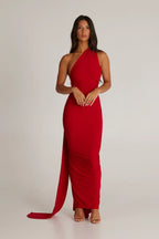 Women's Halter Neck Open Back Maxi Dress with Scarf Detail