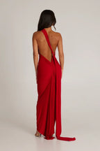Women's Halter Neck Open Back Maxi Dress with Scarf Detail