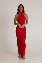 Women's Halter Neck Open Back Maxi Dress with Scarf Detail