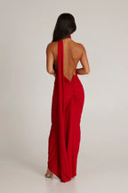 Women's Halter Neck Open Back Maxi Dress with Scarf Detail