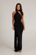 Women's Halter Neck Open Back Maxi Dress with Scarf Detail