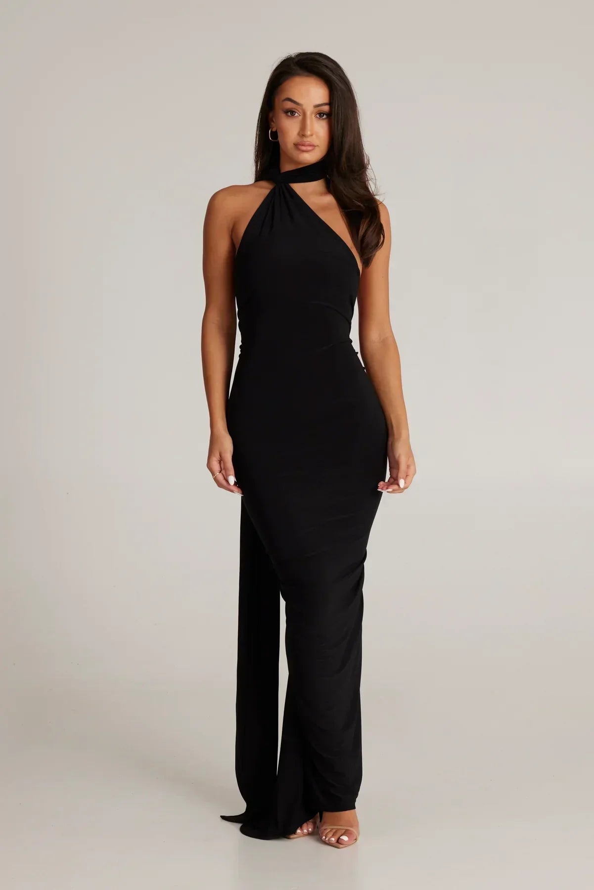 Women's Halter Neck Open Back Maxi Dress with Scarf Detail