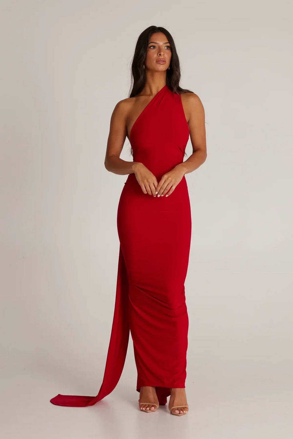 Women's Open Back Halter Column Maxi Dress with Train