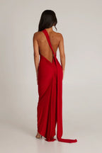 Women's Open Back Halter Column Maxi Dress with Train