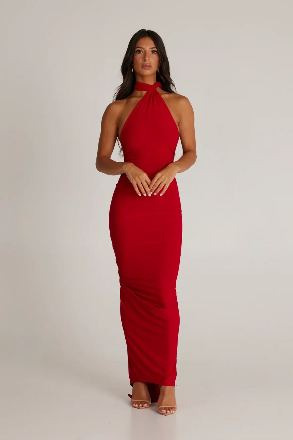 Women's Open Back Halter Column Maxi Dress with Train