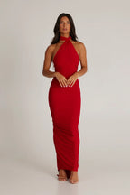Women's Open Back Halter Column Maxi Dress with Train