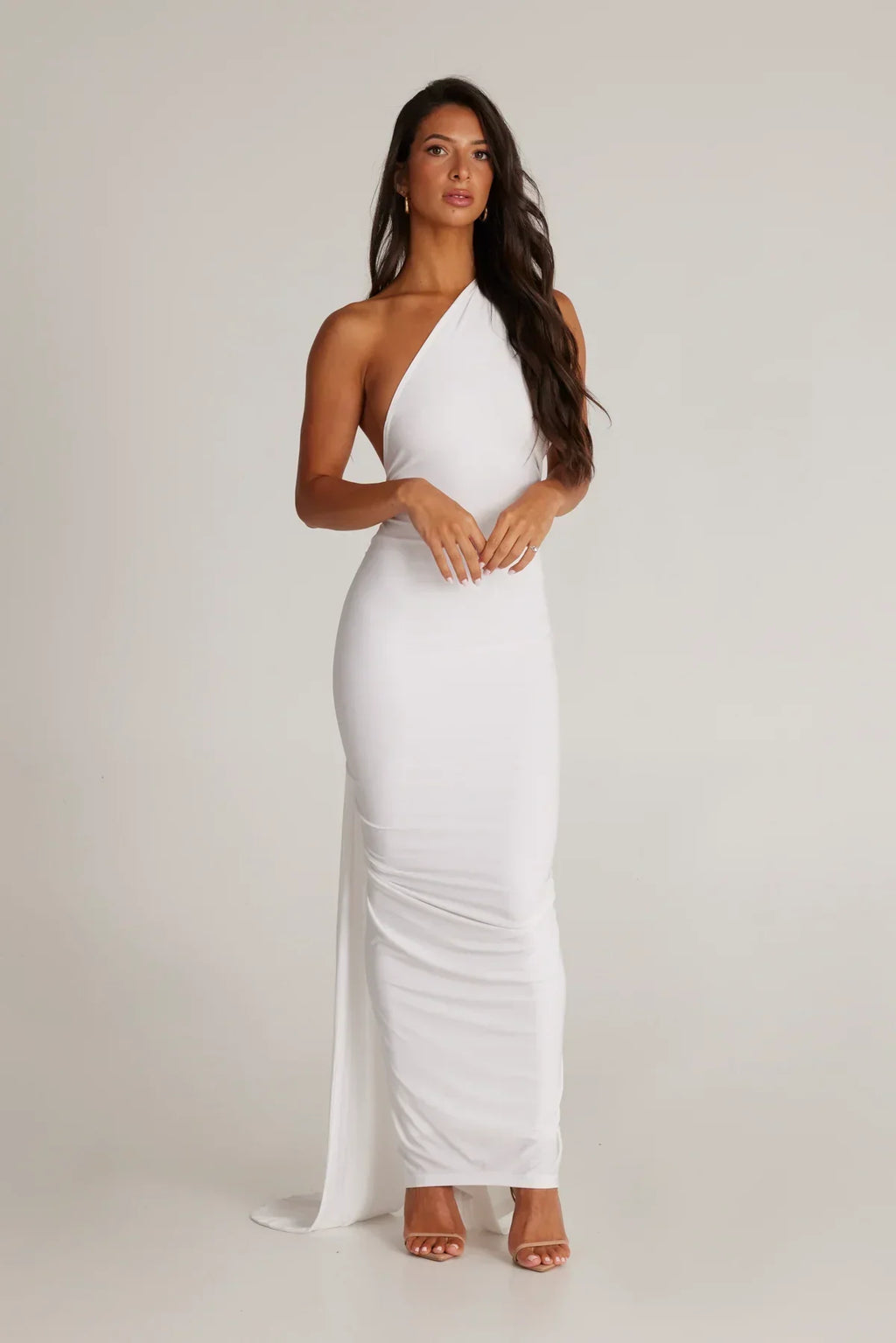 Women's Open Back Halter Column Maxi Dress with Train