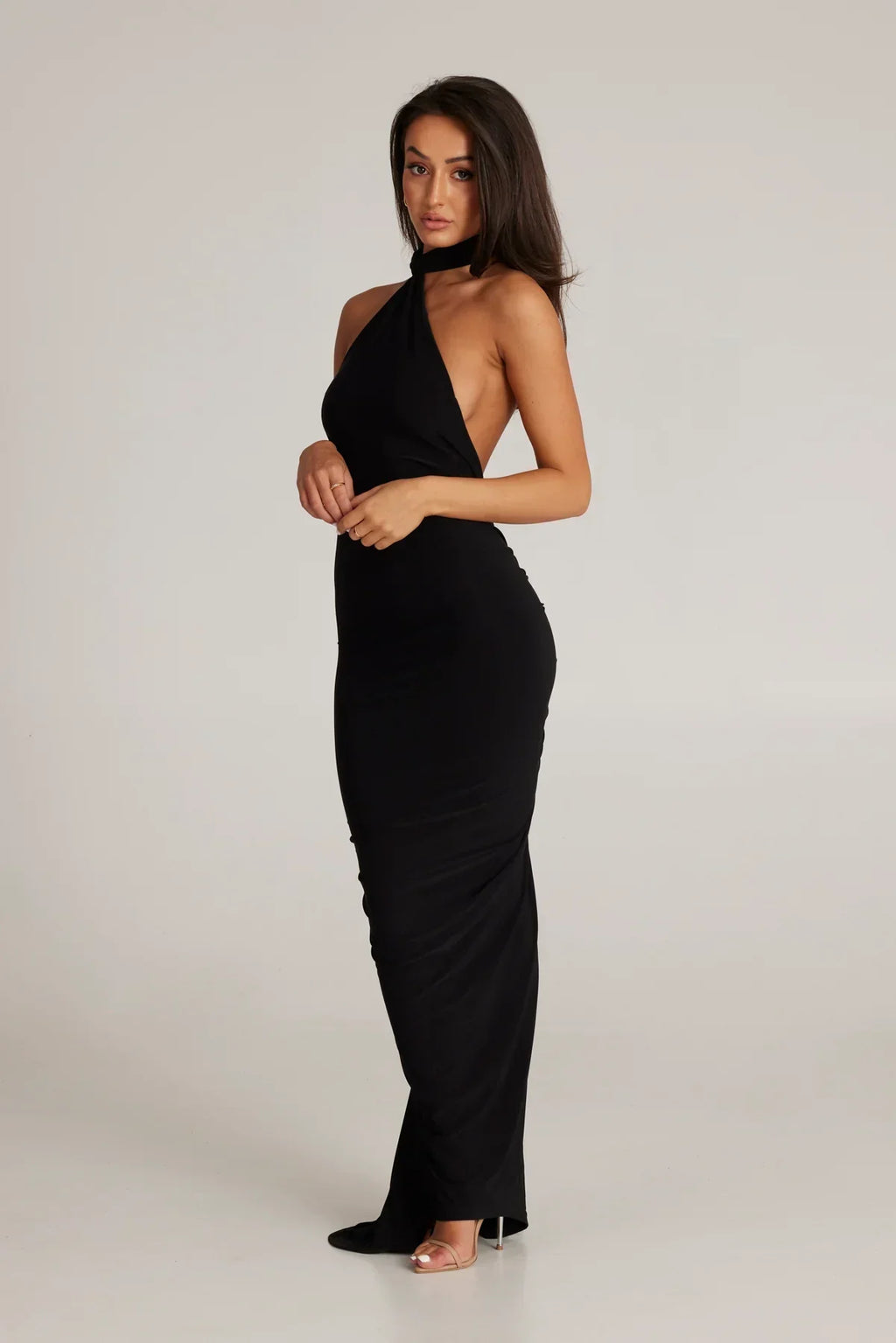 Women's Open Back Halter Column Maxi Dress with Train