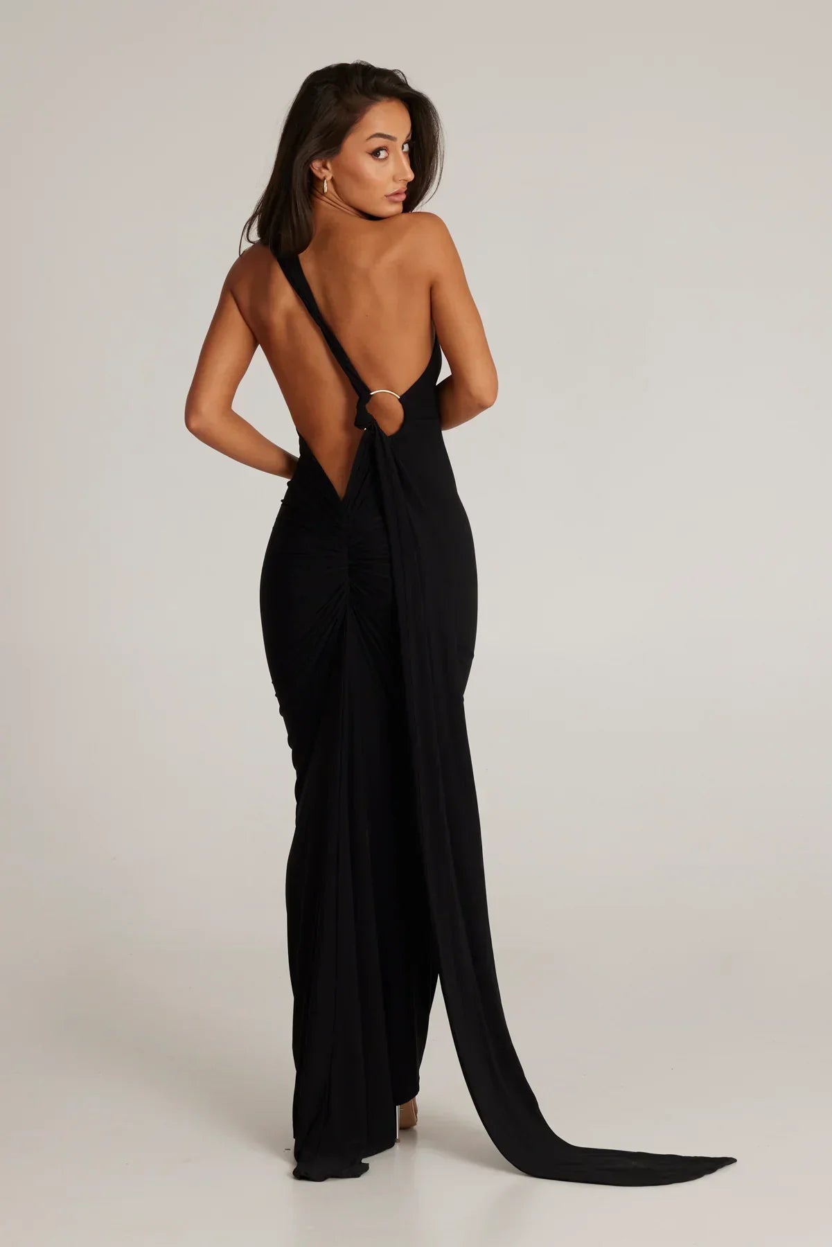 Women's Open Back Halter Column Maxi Dress with Train