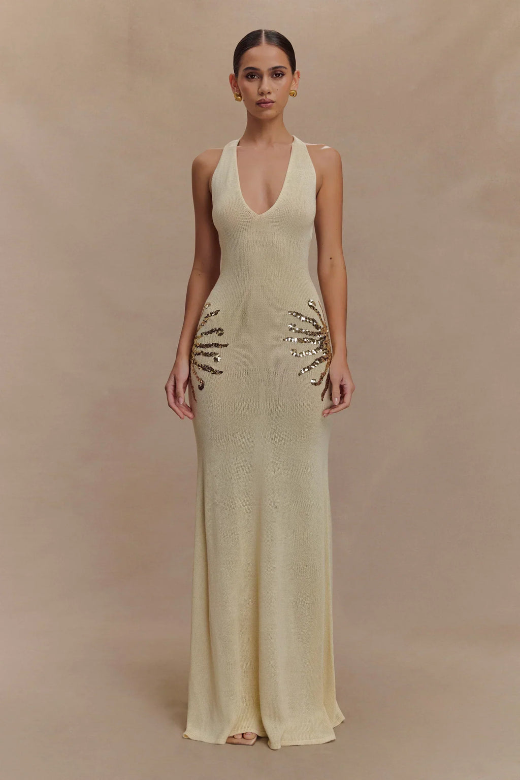 Women's Sleeveless Plunge Neck Maxi Dress with Embellished Side Detail