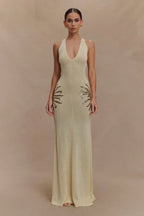 Women's Sleeveless Plunge Neck Maxi Dress with Embellished Side Detail