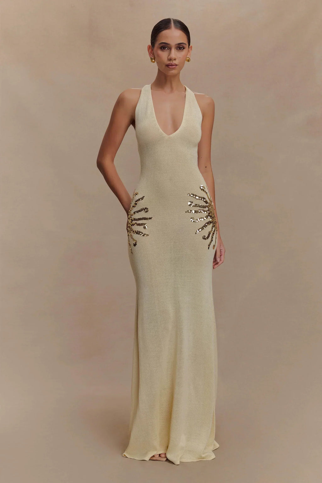 Women's Sleeveless Plunge Neck Maxi Dress with Embellished Side Detail