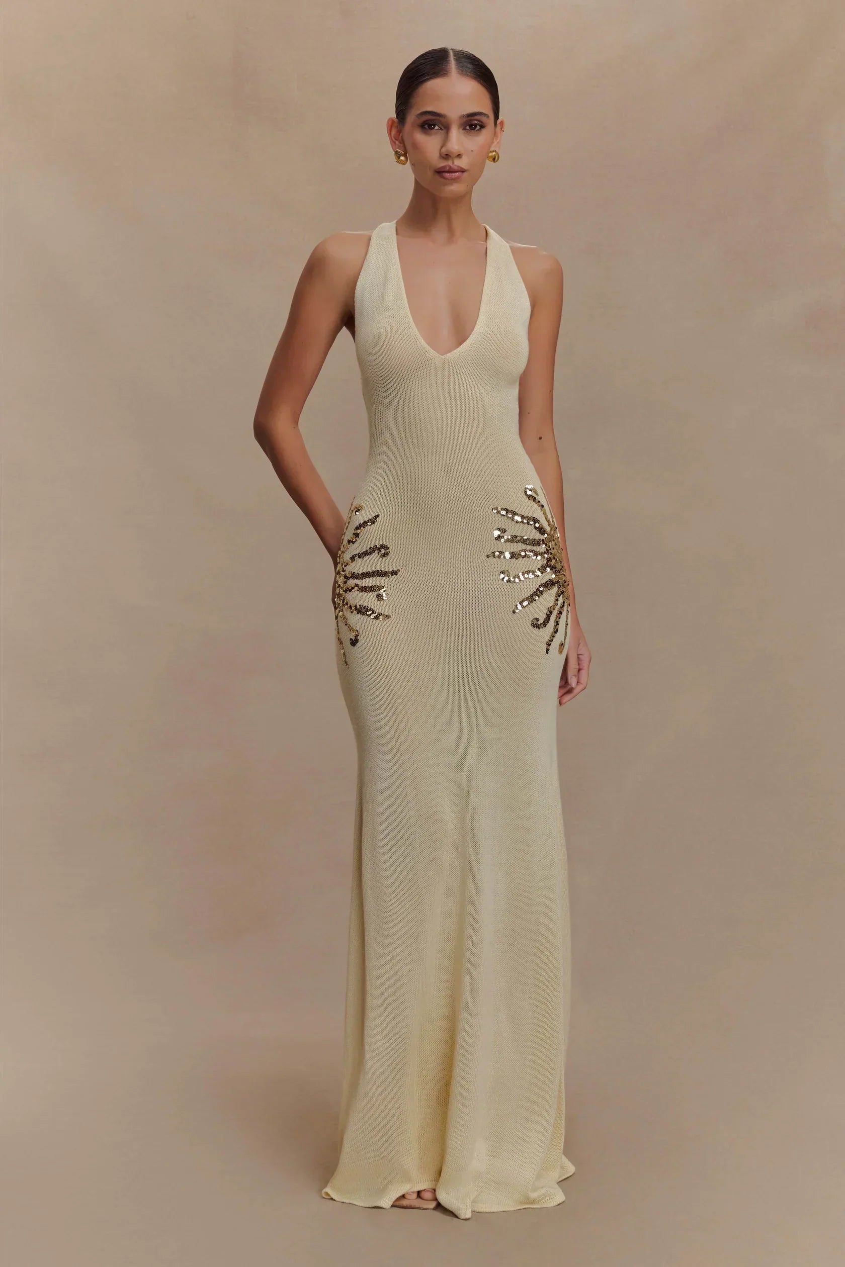 Women's Sleeveless Plunge Neck Maxi Dress with Embellished Side Detail