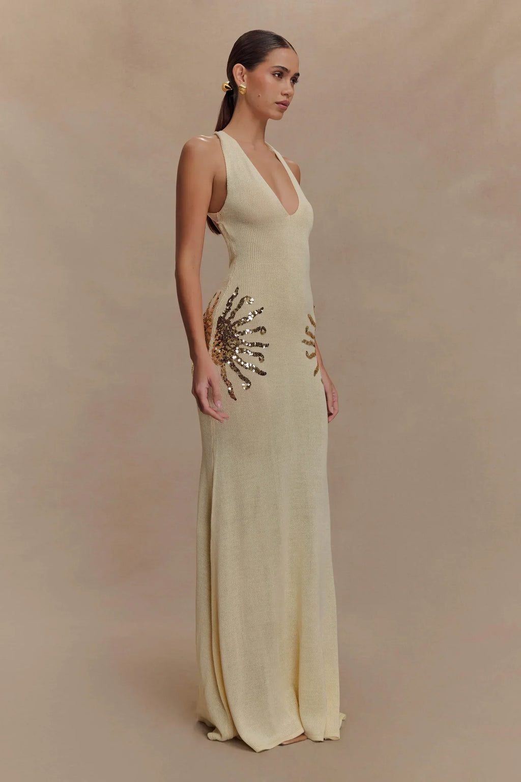 Women's Sleeveless Plunge Neck Maxi Dress with Embellished Side Detail