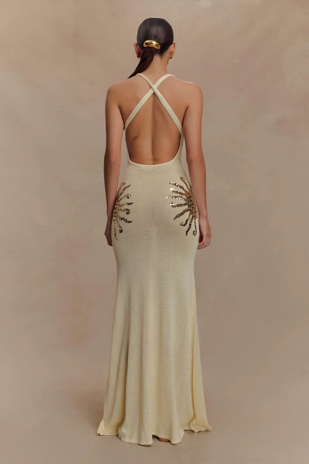 Women's Sleeveless Plunge Neck Maxi Dress with Embellished Side Detail