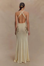 Women's Sleeveless Plunge Neck Maxi Dress with Embellished Side Detail