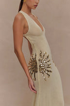 Women's Sleeveless Plunge Neck Maxi Dress with Embellished Side Detail
