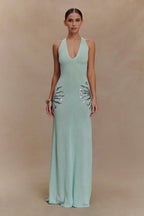 Women's Sleeveless Plunge Neck Maxi Dress with Embellished Side Detail