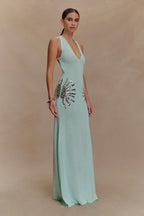 Women's Sleeveless Plunge Neck Maxi Dress with Embellished Side Detail