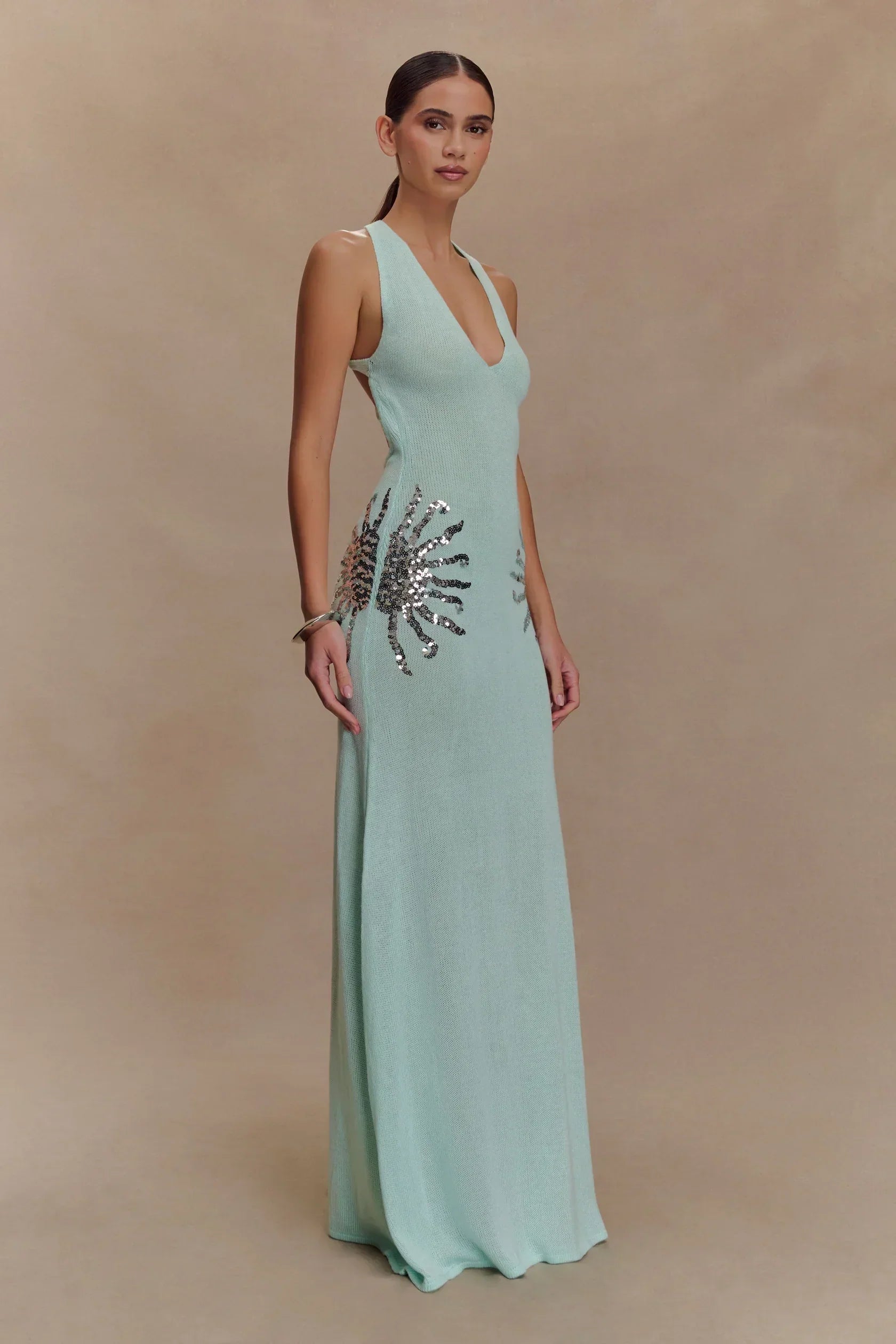 Women's Sleeveless Plunge Neck Maxi Dress with Embellished Side Detail