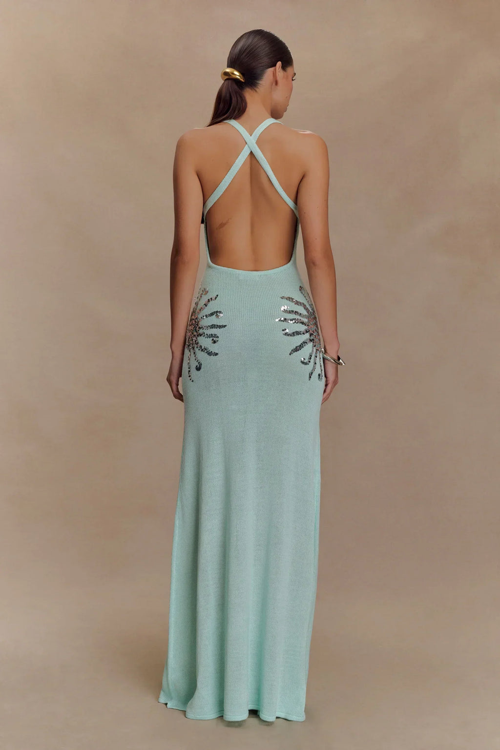 Women's Sleeveless Plunge Neck Maxi Dress with Embellished Side Detail