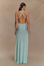 Women's Sleeveless Plunge Neck Maxi Dress with Embellished Side Detail