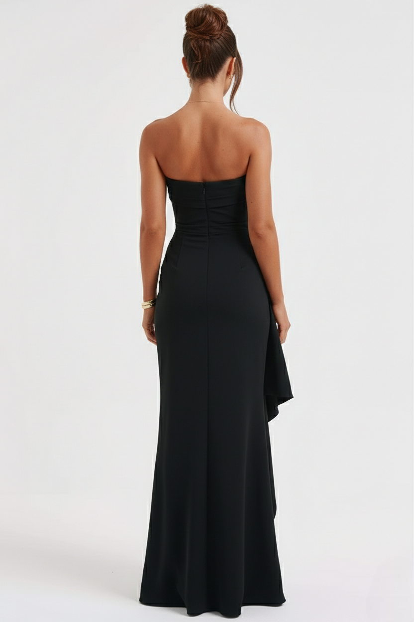Women's Strapless Maxi Dress with High Split and Draped Panel