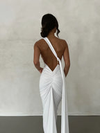 Women's Open Back Halter Column Maxi Dress with Train